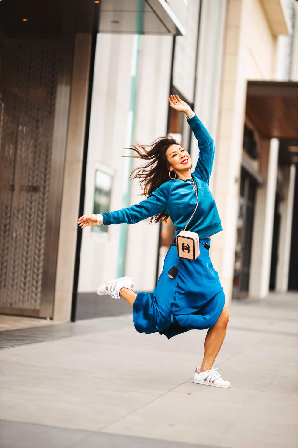 Teal Velour Crewneck with Blue Satin Midi Skirt, Close-Up Take — Classy Crewneck Outfits