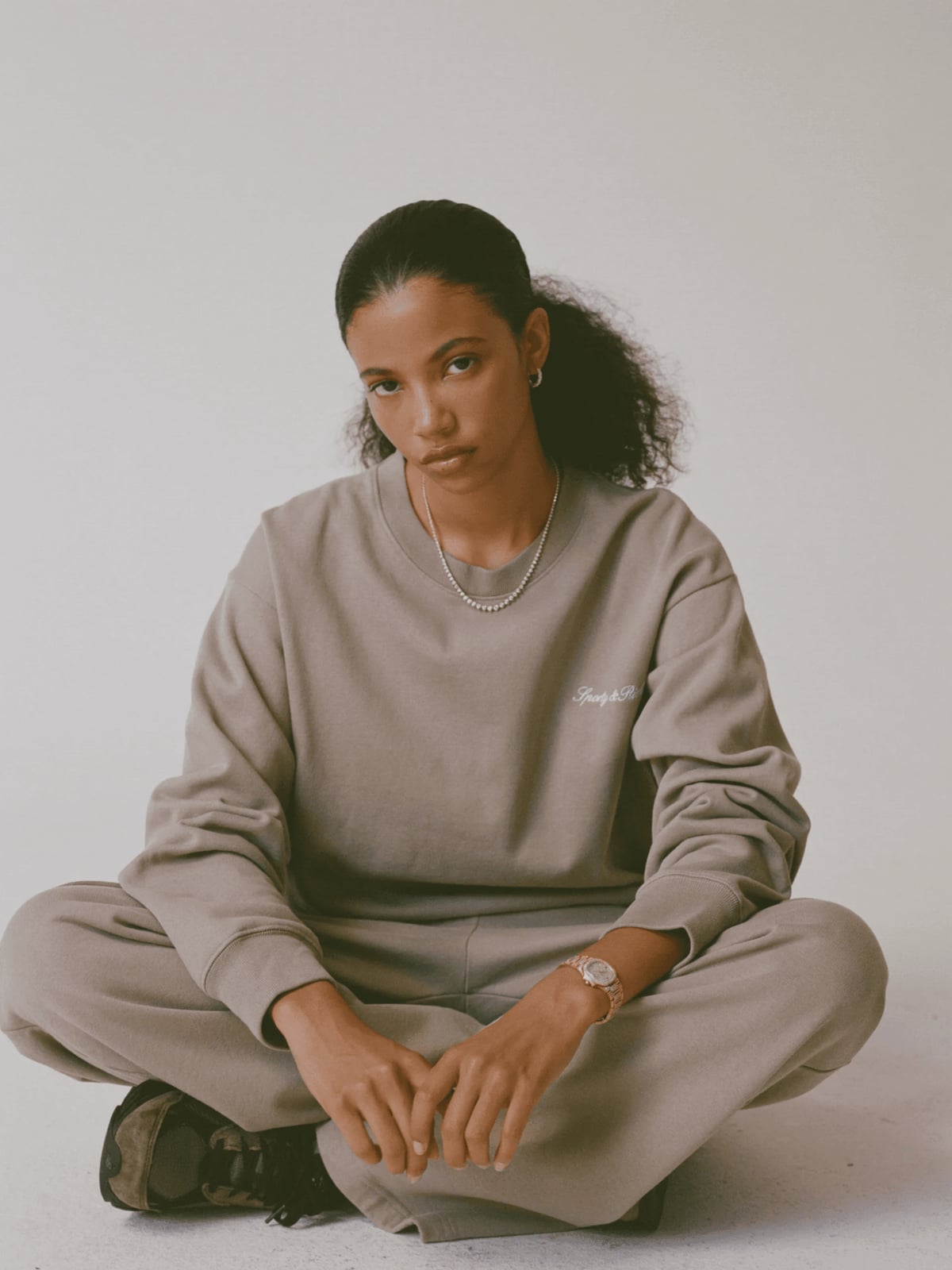 Monochrome Taupe Fleece Sweatshirt and Sweatpants, Close-Up Take — Classy Crewneck Outfits