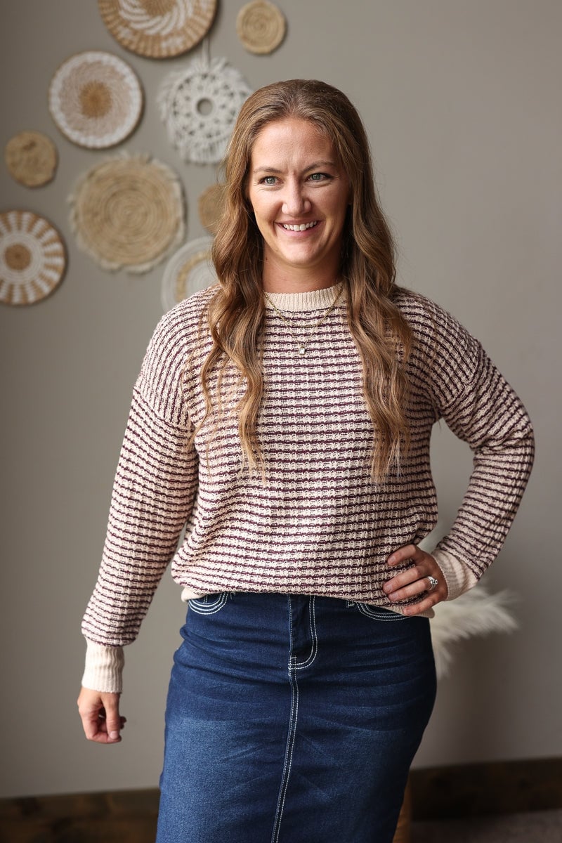 Checkered Waffle Knit Sweater with Denim Pencil, Office-Safe Version — Classy Crewneck Outfits