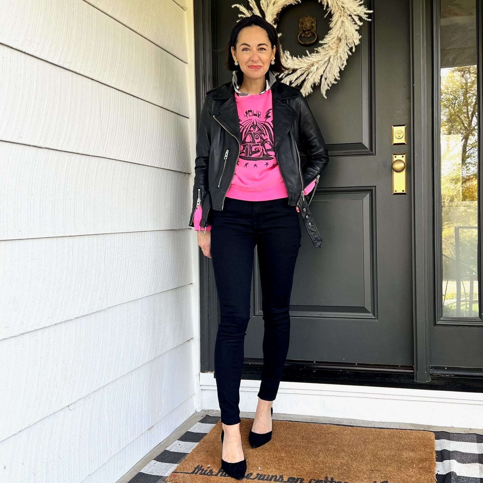 Hot Pink Graphic Sweatshirt with Moto Jacket — Classy Crewneck Outfits