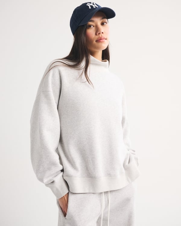 Grey Mock Neck Sweatshirt with Baseball Cap — Classy Crewneck Outfits