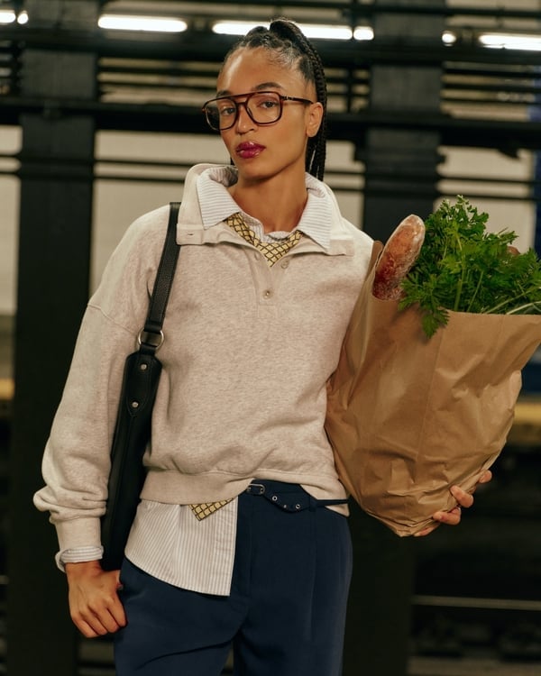 Beige Crewneck Sweatshirt Layered Over Collared Shirt — Classy Crewneck Outfits