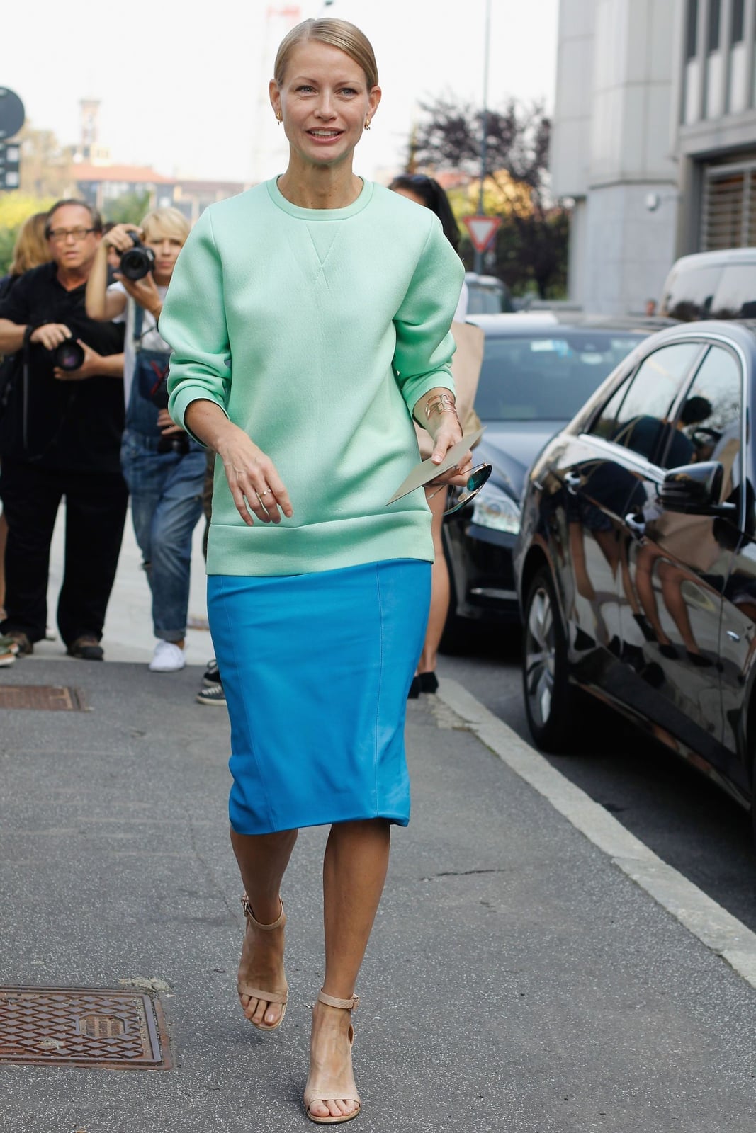 Mint Green Crewneck Sweatshirt with Blue Pencil Skirt — Classy Crewneck Outfits