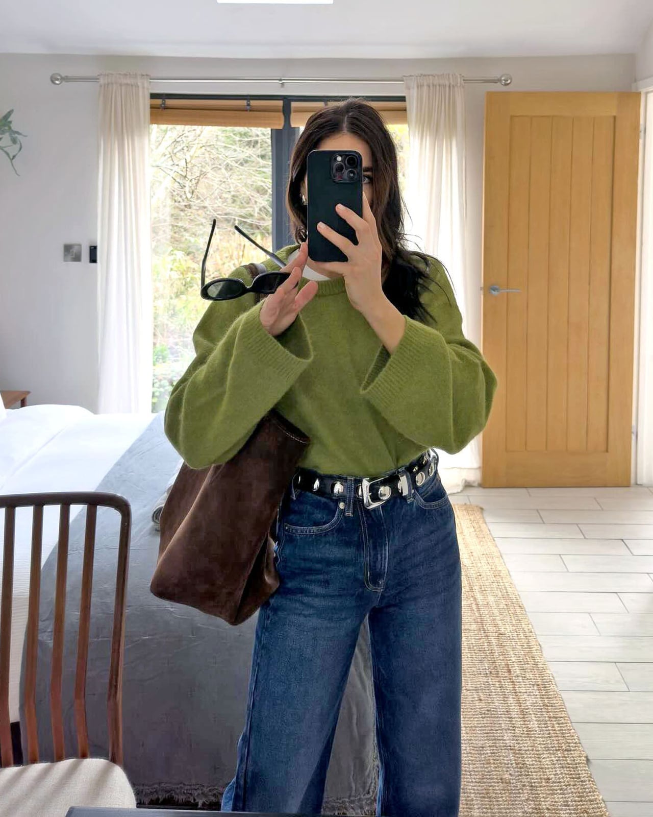 Oversized Green Knit Crewneck with Straight Leg Jeans — Classy Crewneck Outfits