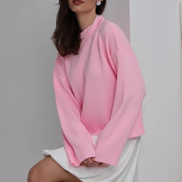Pink Crewneck Sweater Over Satin Slip Dress — Classy Crewneck Outfits