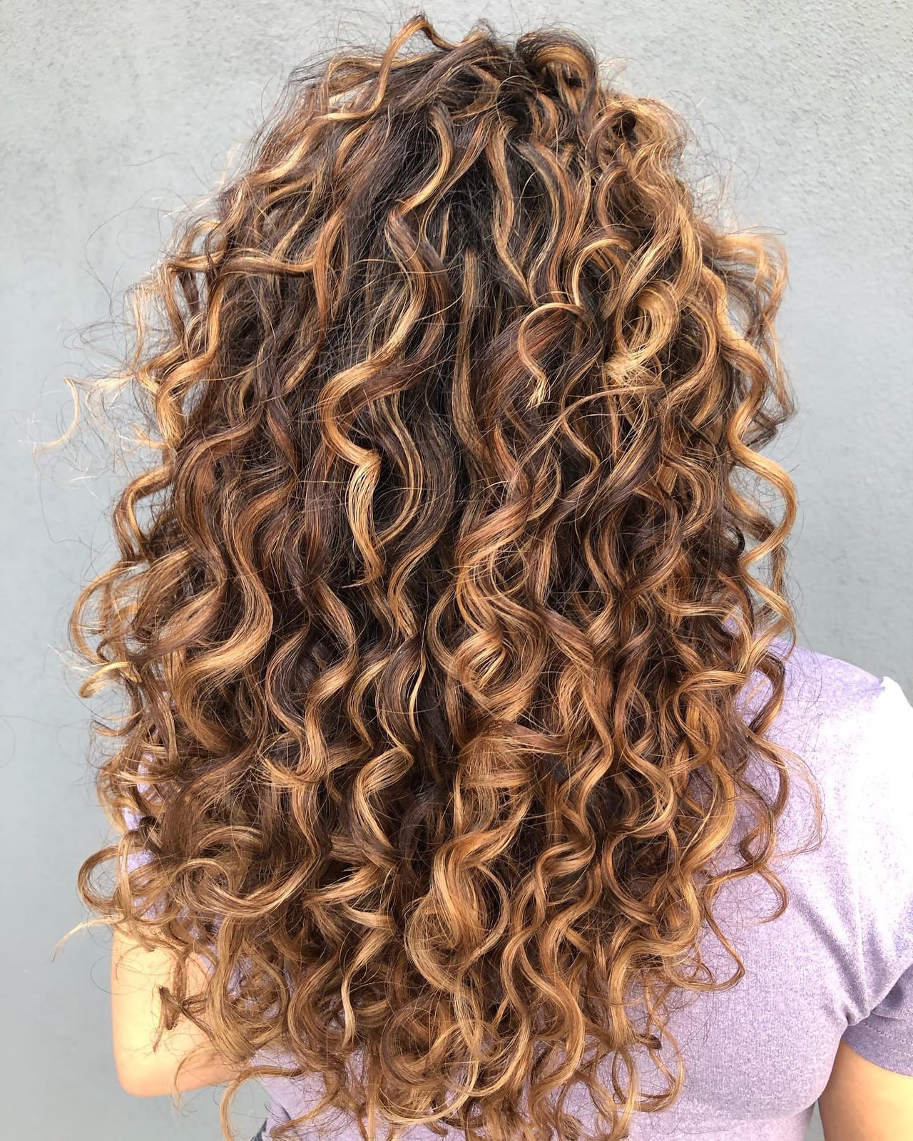 Back View Mid-Back Curls With Caramel, Layers Back View Mid-Back Curls With Caramel, Layers — Classy Curly Highlights