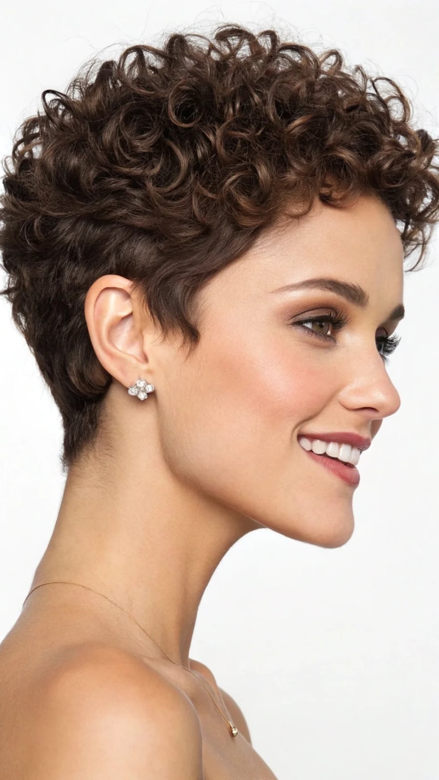 Dark Brown Pixie With Curtain Bangs, Ear — Classy Curly Pixies