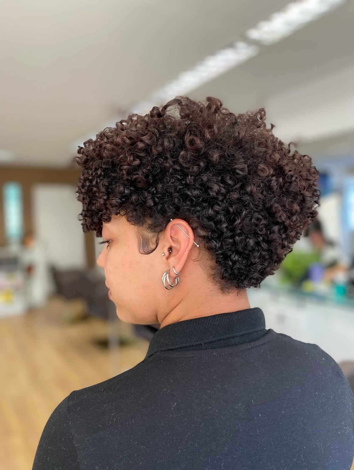 No Bangs Dark Brown Curly Pixie, Side — Classy Curly Pixies