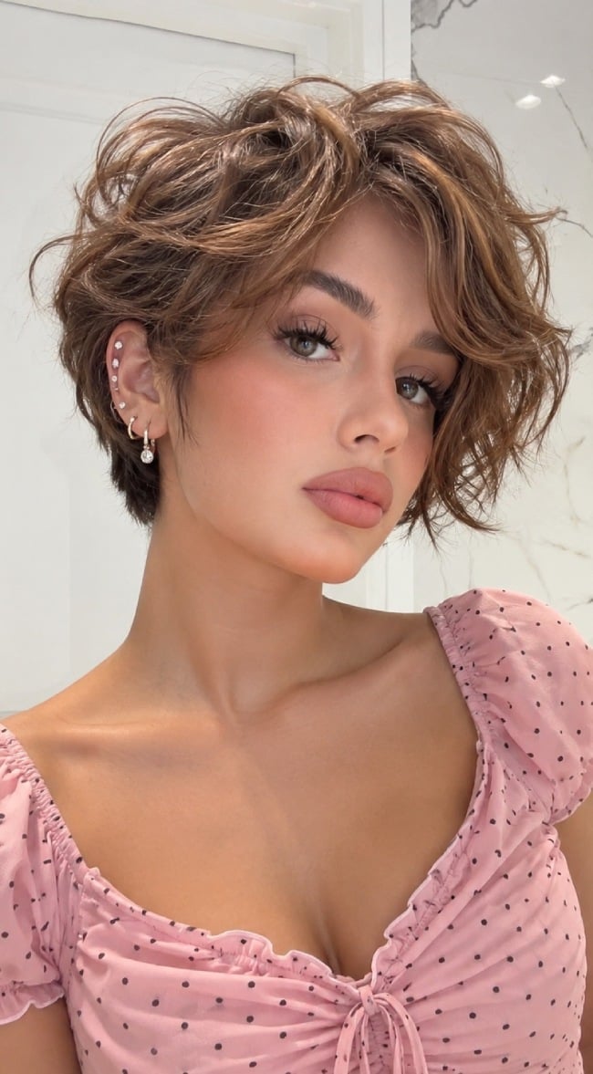 Layered Brown Pixie With Curtain Bangs — Classy Curly Pixies