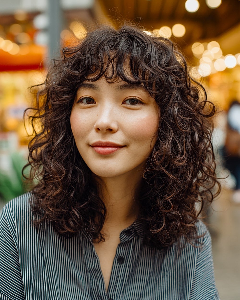 Dark Brown Collarbone Shag With Defined Curls Dark Brown Collarbone Shag With Defined Curls — Classy Curly Shag Haircut