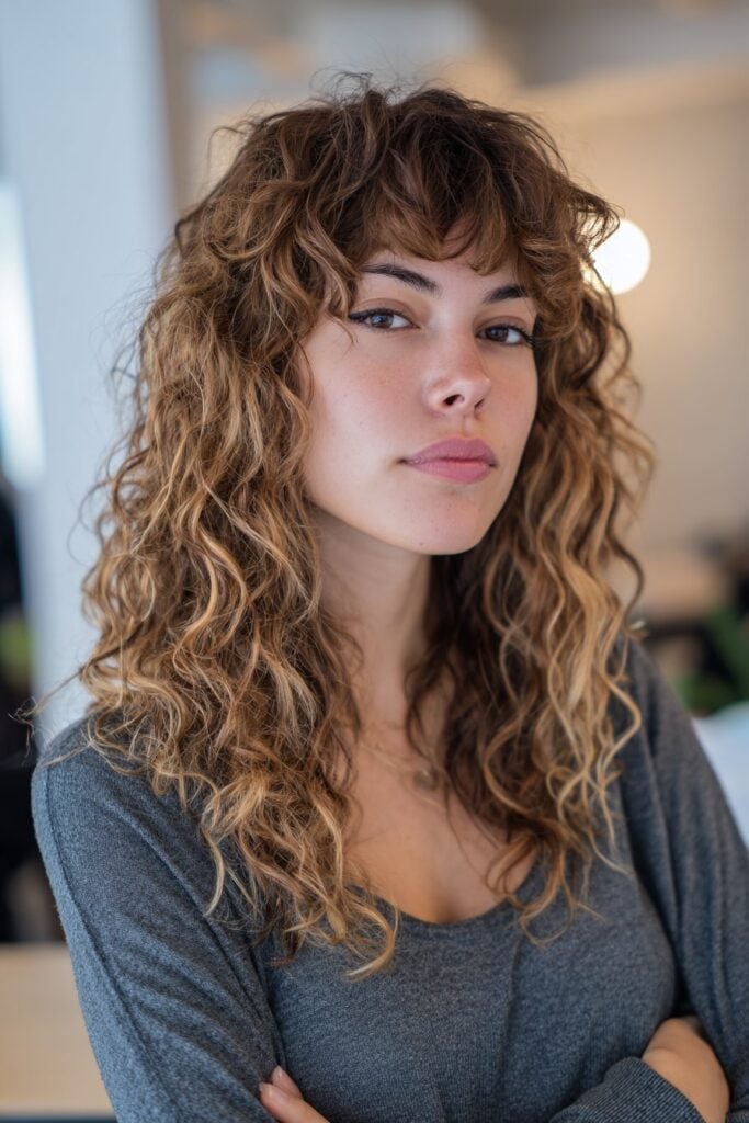 Shoulder Length Shag With Honey Blonde Highlights Shoulder Length Shag With Honey Blonde Highlights — Classy Curly Shag Haircut