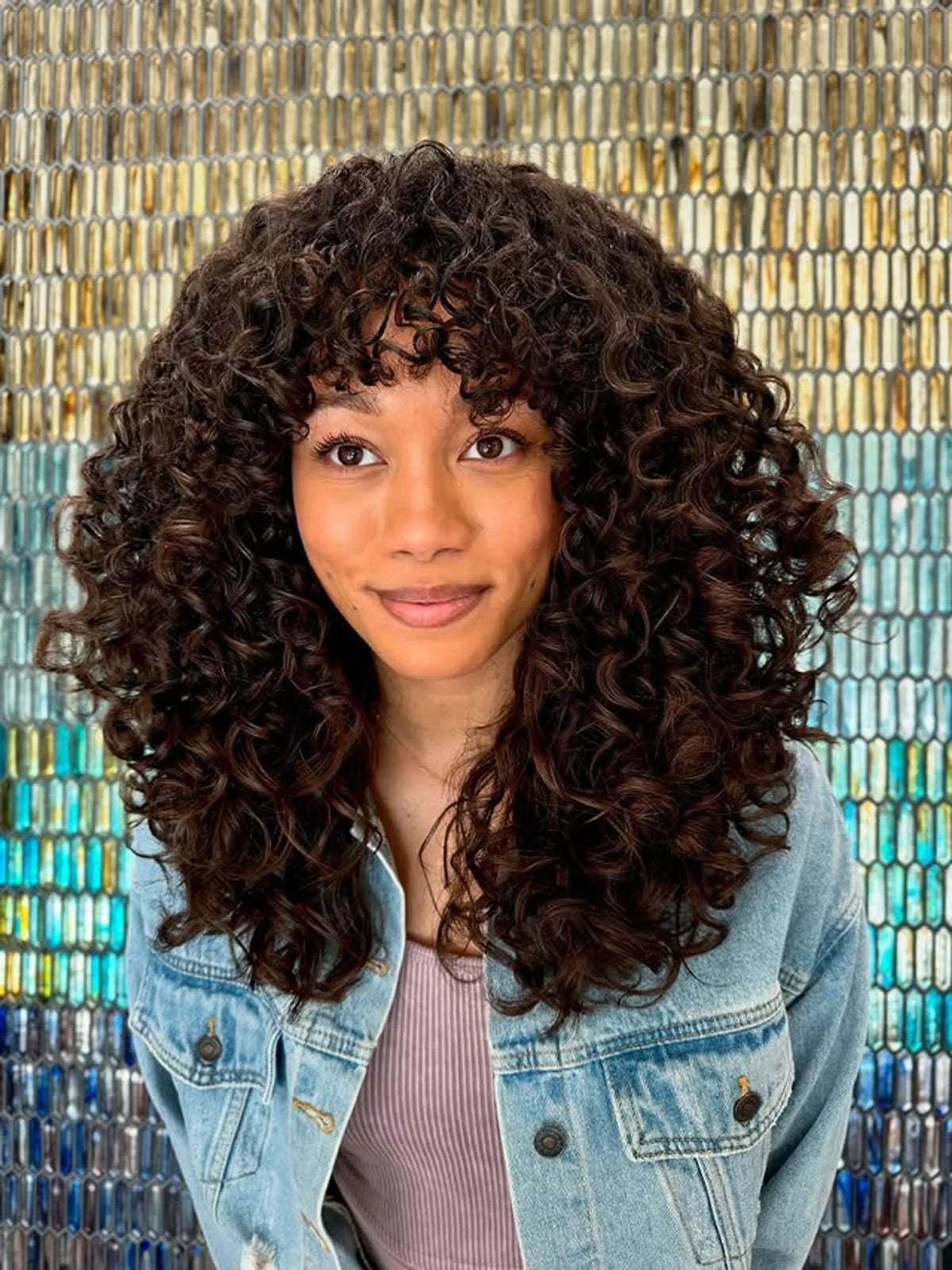 Dark Brown Curly Shag With Curtain Bangs Dark Brown Curly Shag With Curtain Bangs — Classy Curly Shag Haircut