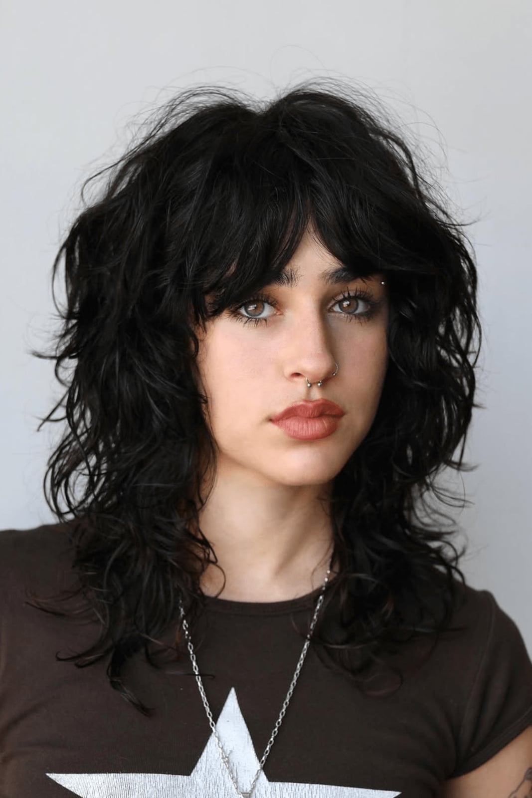Shoulder Length Black Shag With Full Fringe Shoulder Length Black Shag With Full Fringe — Classy Curly Shag Haircut