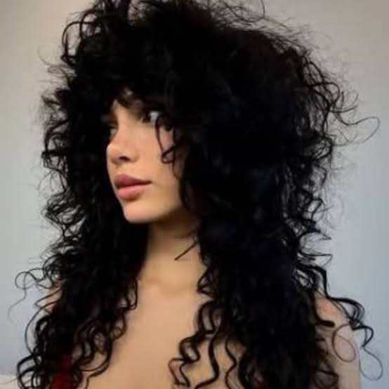 Voluminous Black Wolf Cut With Curtain Bangs Voluminous Black Wolf Cut With Curtain Bangs — Classy Curly Wolf Cut