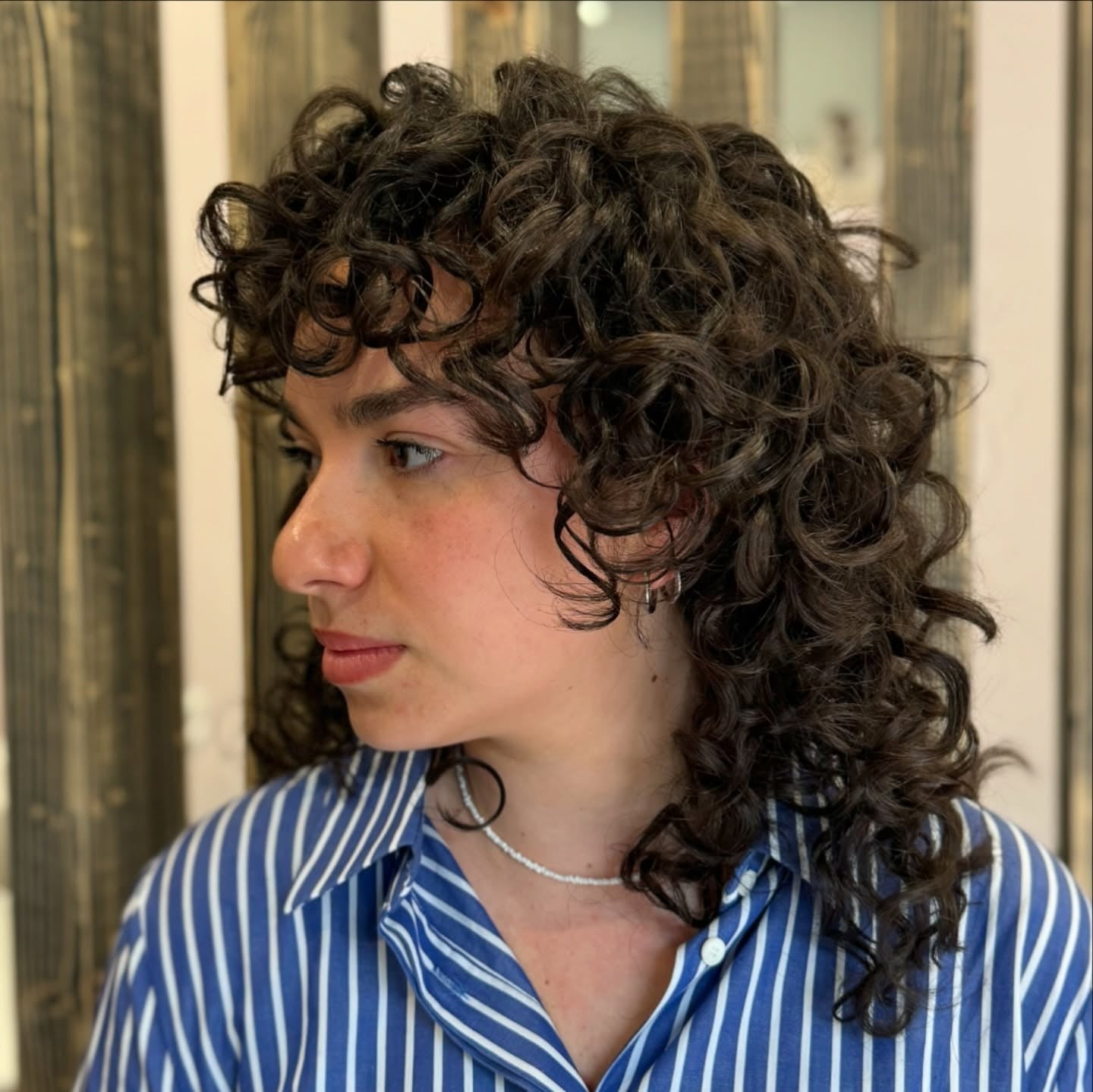 Voluminous Dark Brown Wolf Cut With Curtain Bangs Voluminous Dark Brown Wolf Cut With Curtain Bangs — Classy Curly Wolf Cut