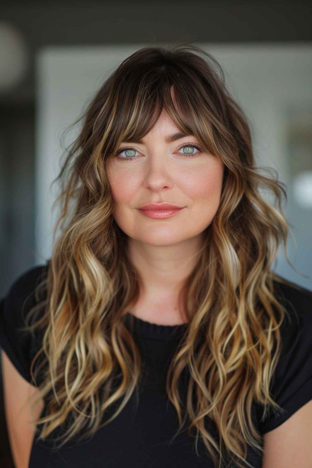 Dark Brown With Highlights And Air-Dried Texture Dark Brown With Highlights And Air-Dried Texture — Classy Curtain Bangs