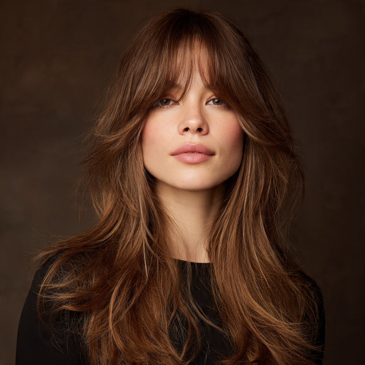 Medium Brown With Highlights And Soft Waves Medium Brown With Highlights And Soft Waves — Classy Curtain Bangs