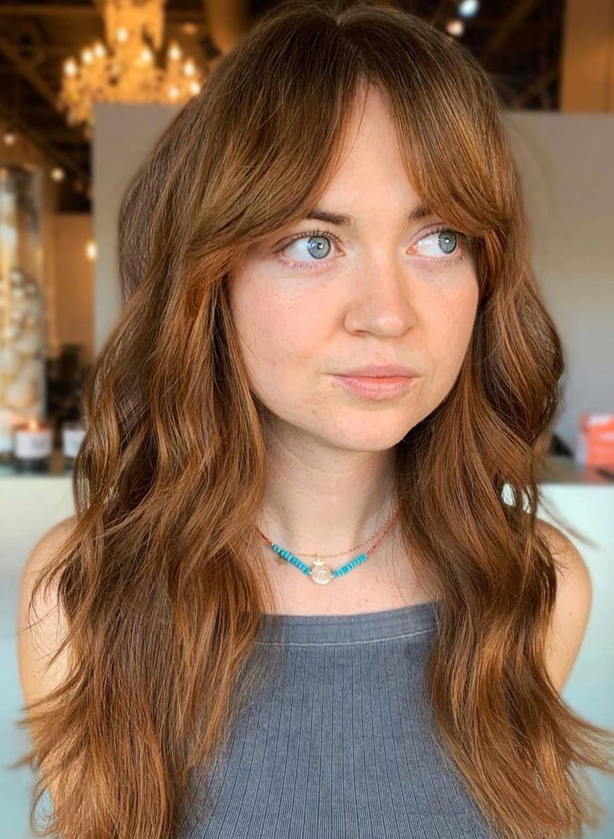 Copper Red Mid-Back Layers With Voluminous Blowout, Wavy Copper Red Mid-Back Layers With Voluminous Blowout, Wavy — Classy Curtain Bangs
