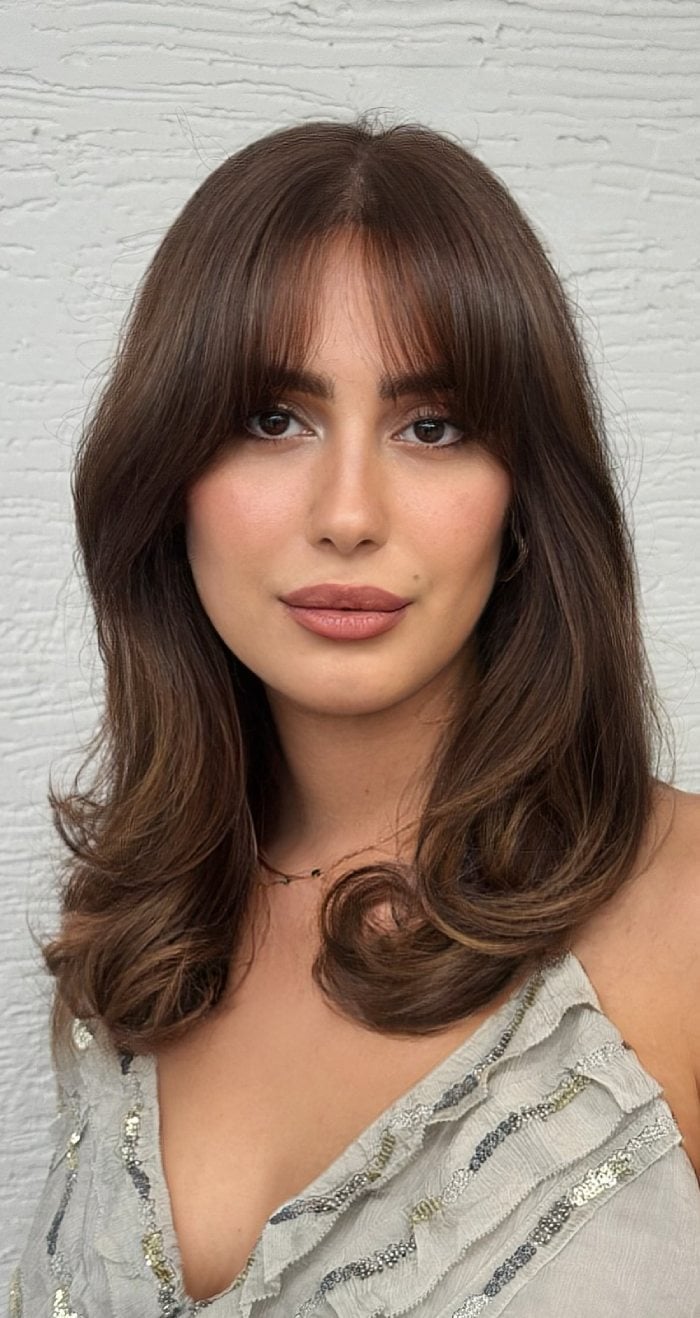 Collarbone Mocha Brown With Rounded Layers Collarbone Mocha Brown With Rounded Layers — Classy Curtain Bangs