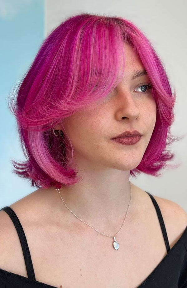 Vibrant Pink Angled Bob With Curtain Bangs Vibrant Pink Angled Bob With Curtain Bangs — Classy Curtain Bangs