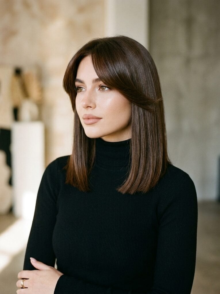 Collarbone Blunt Bob With Curtain Fringe Collarbone Blunt Bob With Curtain Fringe — Classy Curtain Bangs