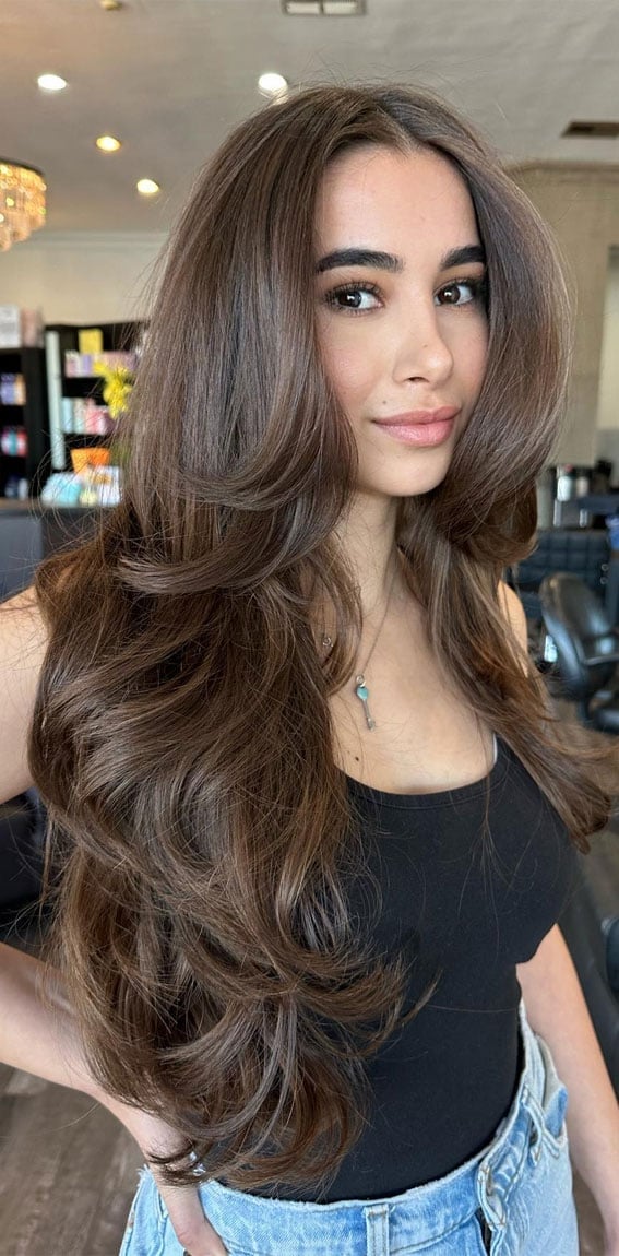 Brunette With Highlights And Long Curtain Bangs Brunette With Highlights And Long Curtain Bangs — Classy Curtain Bangs