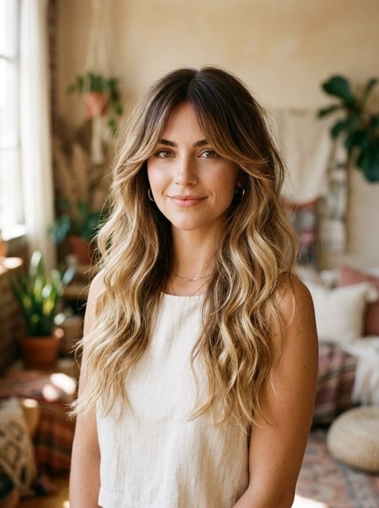 Air-Dried Blonde Balayage With Curtain Bangs Air-Dried Blonde Balayage With Curtain Bangs — Classy Curtain Bangs