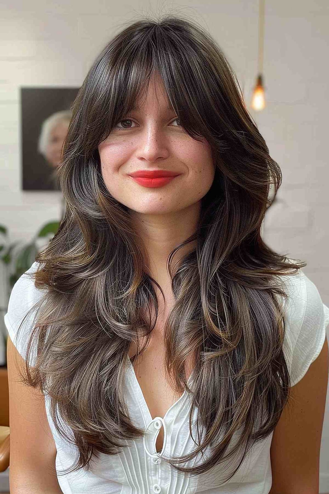 Dark Brown Wavy Hair With Subtle Highlights Dark Brown Wavy Hair With Subtle Highlights — Classy Curtain Bangs Long