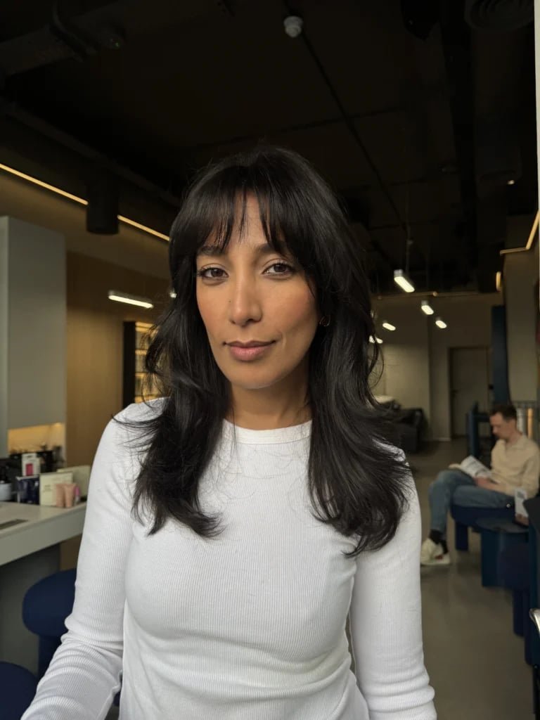 Dark Brown Straight Hair With Face-Framing Layers, Mid-Back Dark Brown Straight Hair With Face-Framing Layers, Mid-Back — Classy Curtain Bangs Long
