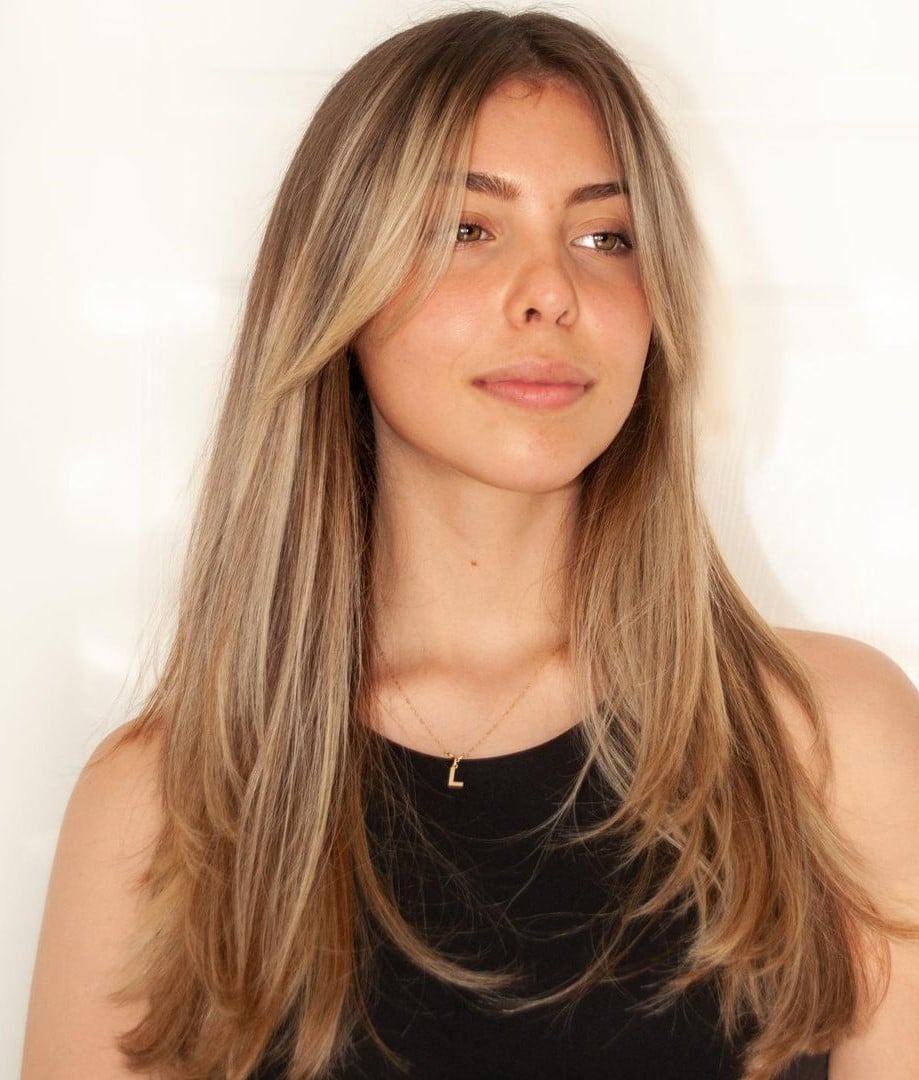 Dark Blonde With Blonde Highlights Straight Blowout Dark Blonde With Blonde Highlights Straight Blowout — Classy Curtain Bangs Long