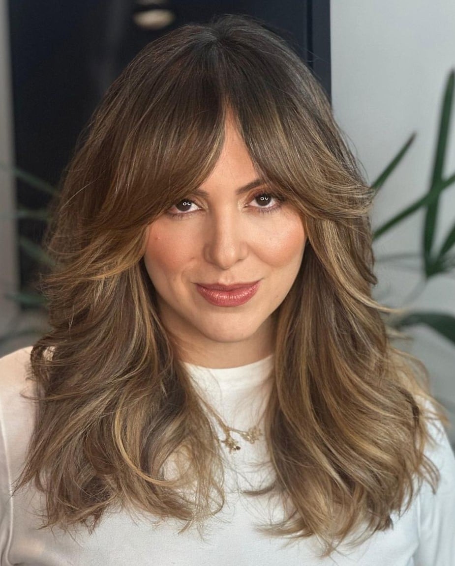 Honey Blonde Balayage With Face-Framing Layers Honey Blonde Balayage With Face-Framing Layers — Classy Curtain Bangs Long