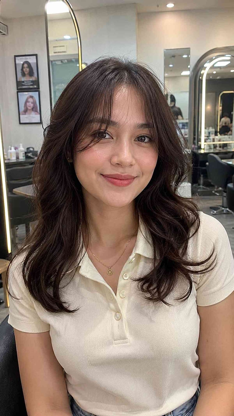 Medium Density Wavy Dark Brown With Blended Bangs Medium Density Wavy Dark Brown With Blended Bangs — Classy Curtain Bangs Long