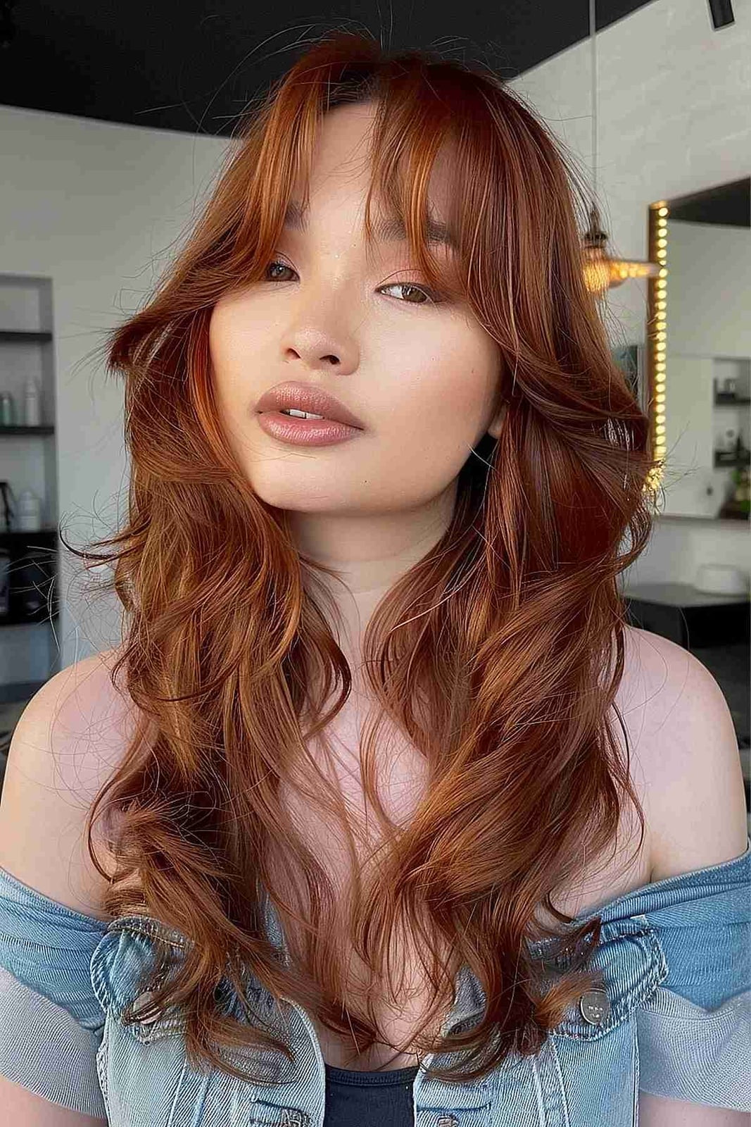 Vibrant Auburn Hair With Loose Waves Vibrant Auburn Hair With Loose Waves — Classy Curtain Bangs Long