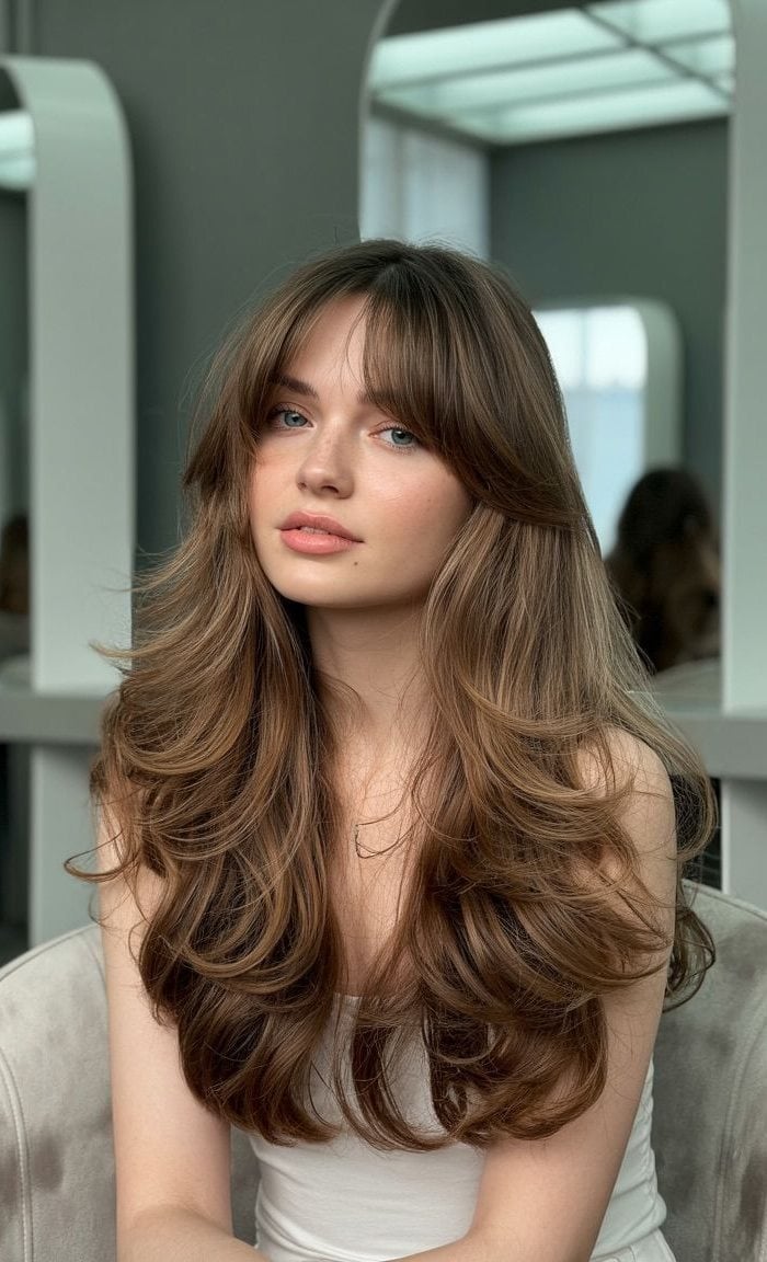 Chestnut Brown Soft Layered Long Hair with Curtain Bangs for Thick Hair
