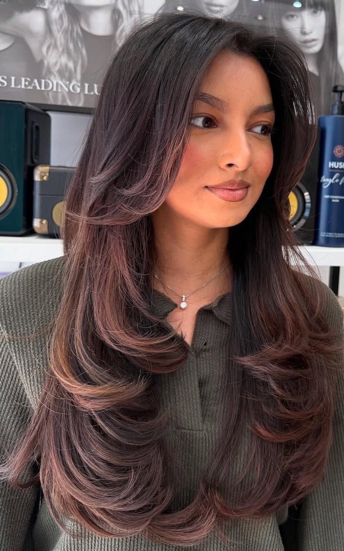 Mid-Back Chestnut Balayage With Side Swept Bangs Mid-Back Chestnut Balayage With Side Swept Bangs — Classy Curtain Bangs Long Hair
