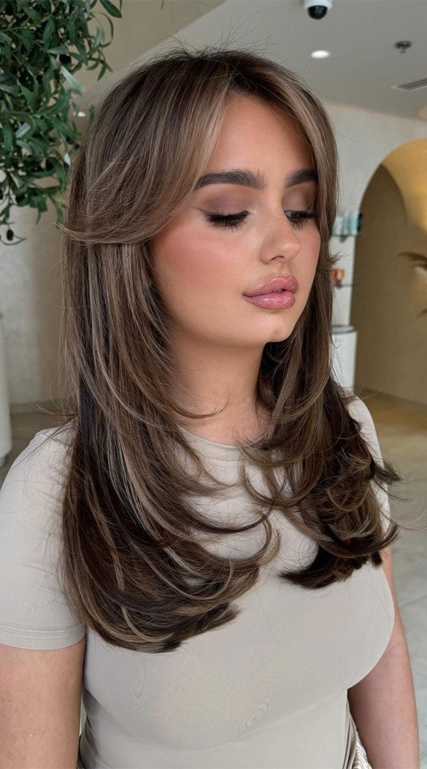 Shoulder Length Dark Brown Waves With Face-Framing Layers Shoulder Length Dark Brown Waves With Face-Framing Layers — Classy Curtain Bangs Long Hair