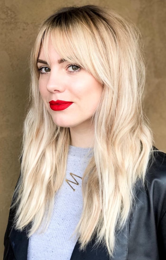 Shoulder Length Blonde Shag With Root Shadow Shoulder Length Blonde Shag With Root Shadow — Classy Curtain Bangs Long Hair