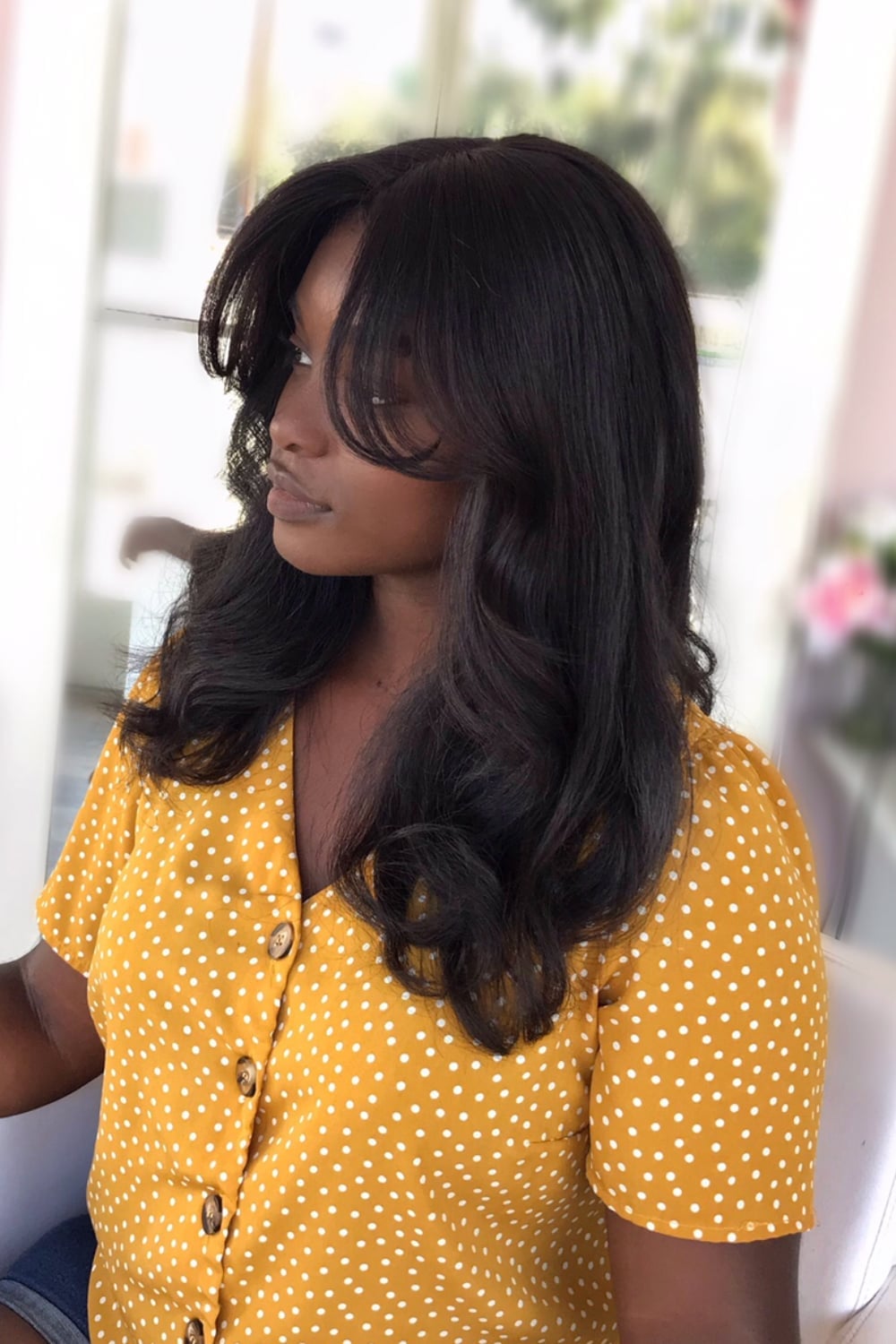 Mid-Back Dark Brown Blowout With Swept Bangs Mid-Back Dark Brown Blowout With Swept Bangs — Classy Curtain Bangs Long Hair