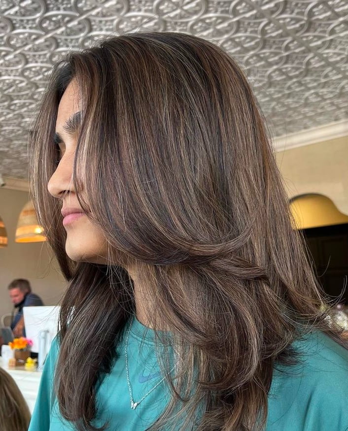 Mid-Back Dark Brown Layers With Blending Bangs and A Middle Parting Mid-Back Dark Brown Layers With Blending Bangs and A Middle Parting — Classy Curtain Bangs Long Hair