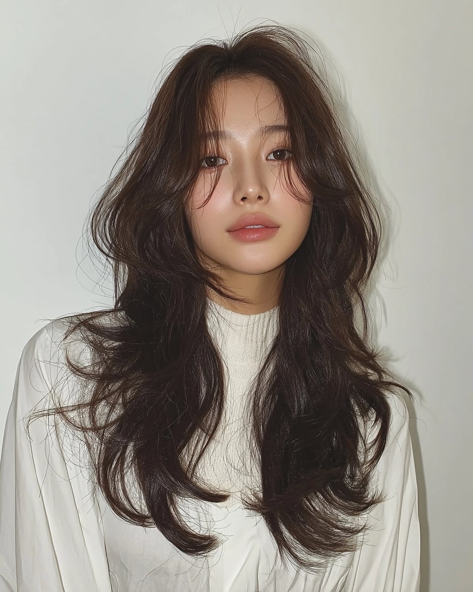 Effortless Air-Dried Dark Brown Waves Effortless Air-Dried Dark Brown Waves — Classy Curtain Bangs Long Hair