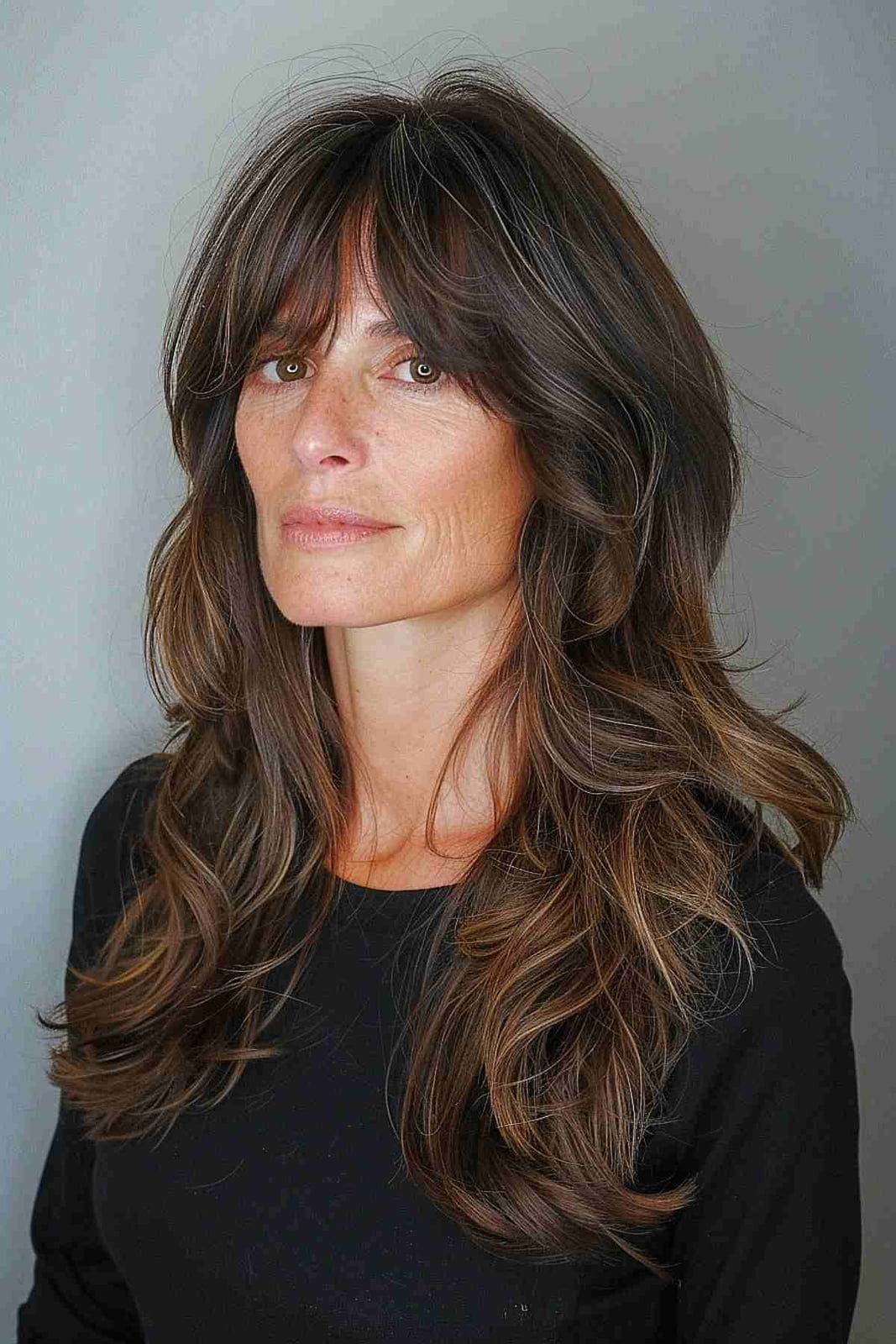 Mid-Back Dark Brown Waves With Side Part Bangs, Close-Up Take Mid-Back Dark Brown Waves With Side Part Bangs, Close-Up Take — Classy Curtain Bangs Long Hair