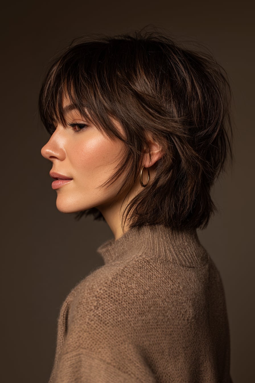 Air-Dried Dark Brown Shag Collarbone Length Air-Dried Dark Brown Shag Collarbone Length — Classy Curtain Bangs Short