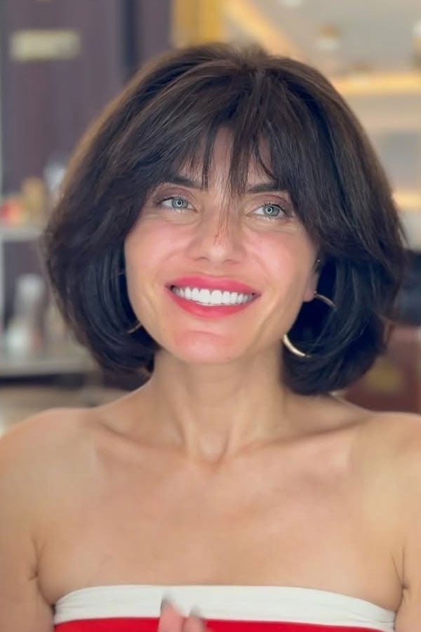 Brunette Bob With Voluminous Curtain Bangs Brunette Bob With Voluminous Curtain Bangs — Classy Curtain Bangs Short
