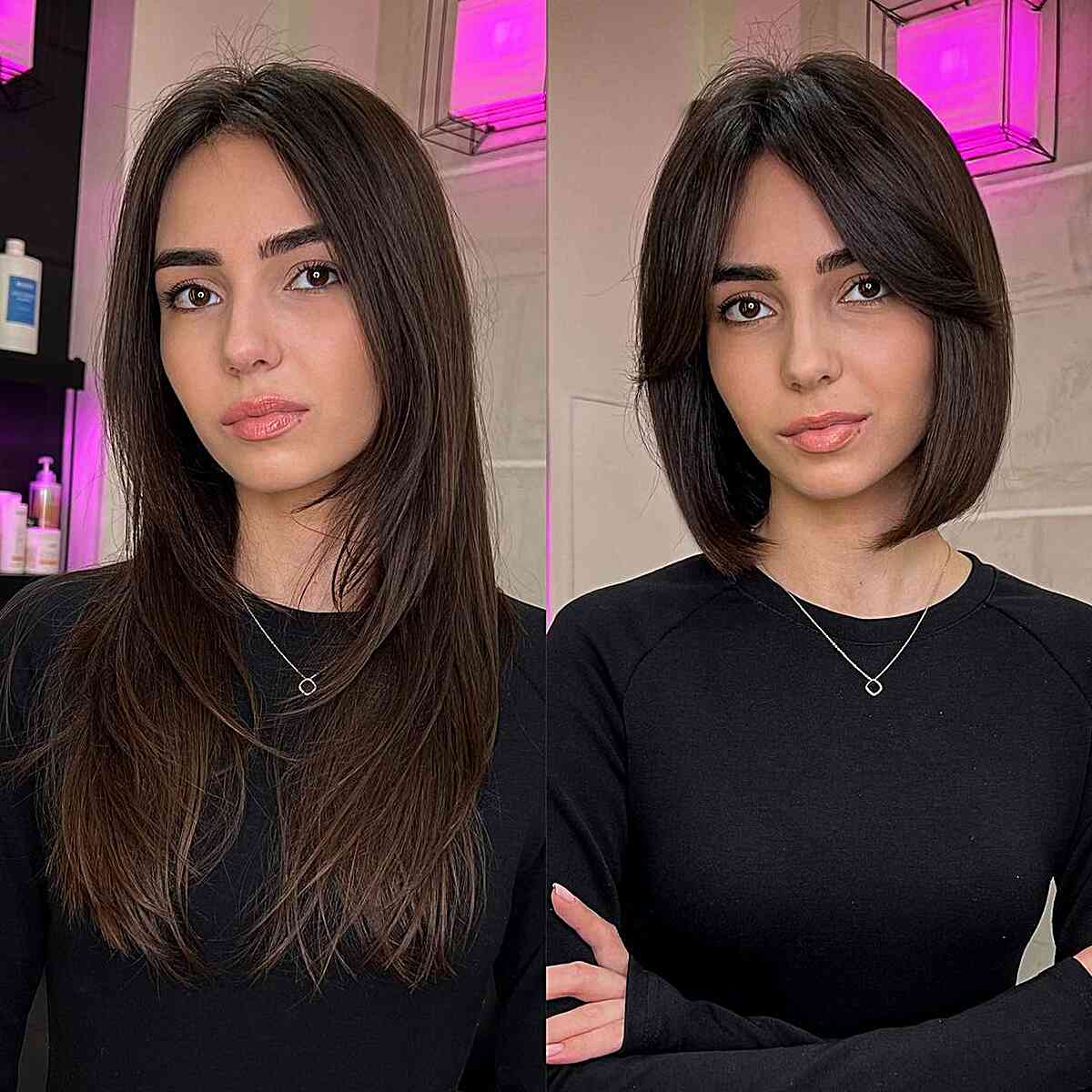 Textured Dark Brown Shag Bob, Chin Textured Dark Brown Shag Bob, Chin — Classy Curtain Bangs Short