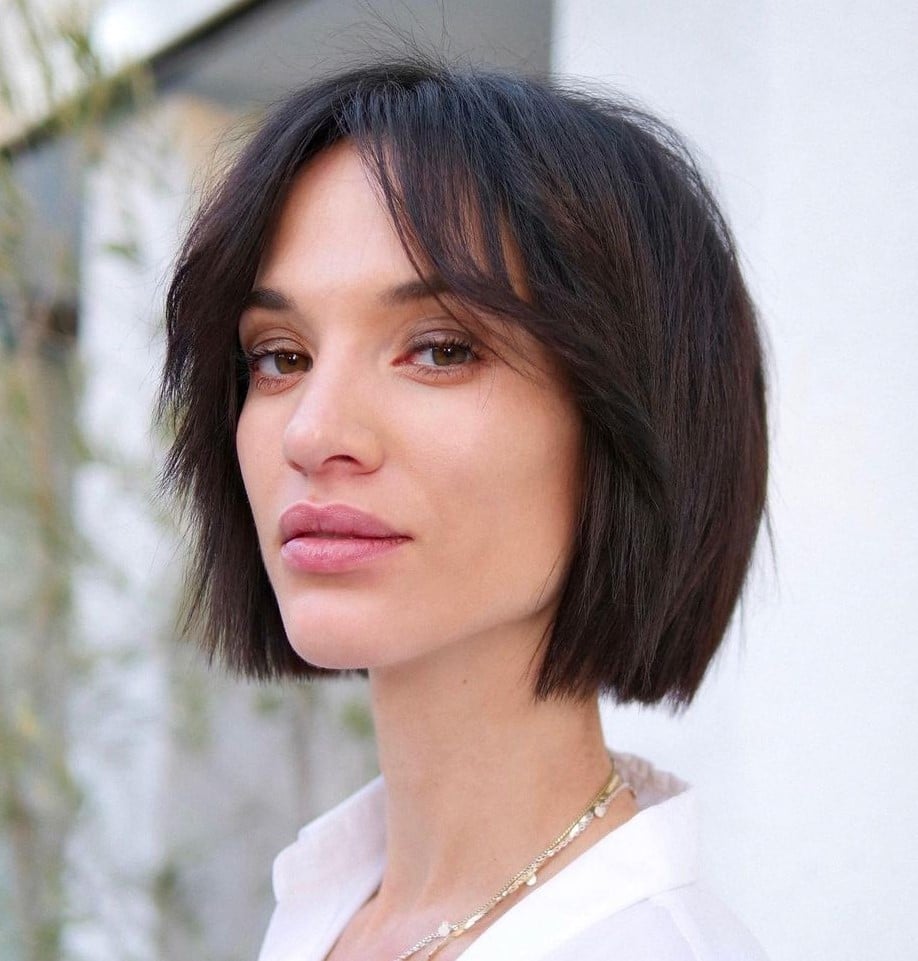 Dark Brown Bob With Textured Ends Dark Brown Bob With Textured Ends — Classy Curtain Bangs Short