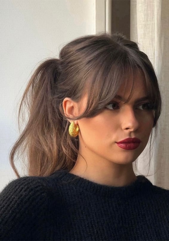 Shoulder Length Ponytail With Wispy Curtain Bangs Shoulder Length Ponytail With Wispy Curtain Bangs — Classy Cut Bangs
