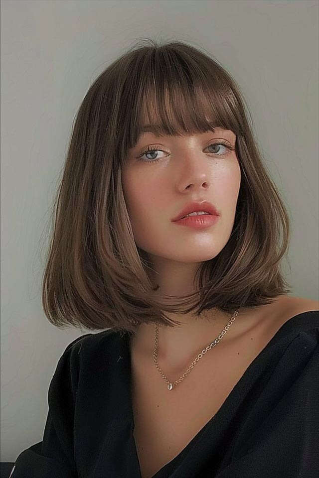 Chin Length Bob With Blunt Bangs Chin Length Bob With Blunt Bangs — Classy Cut Bangs