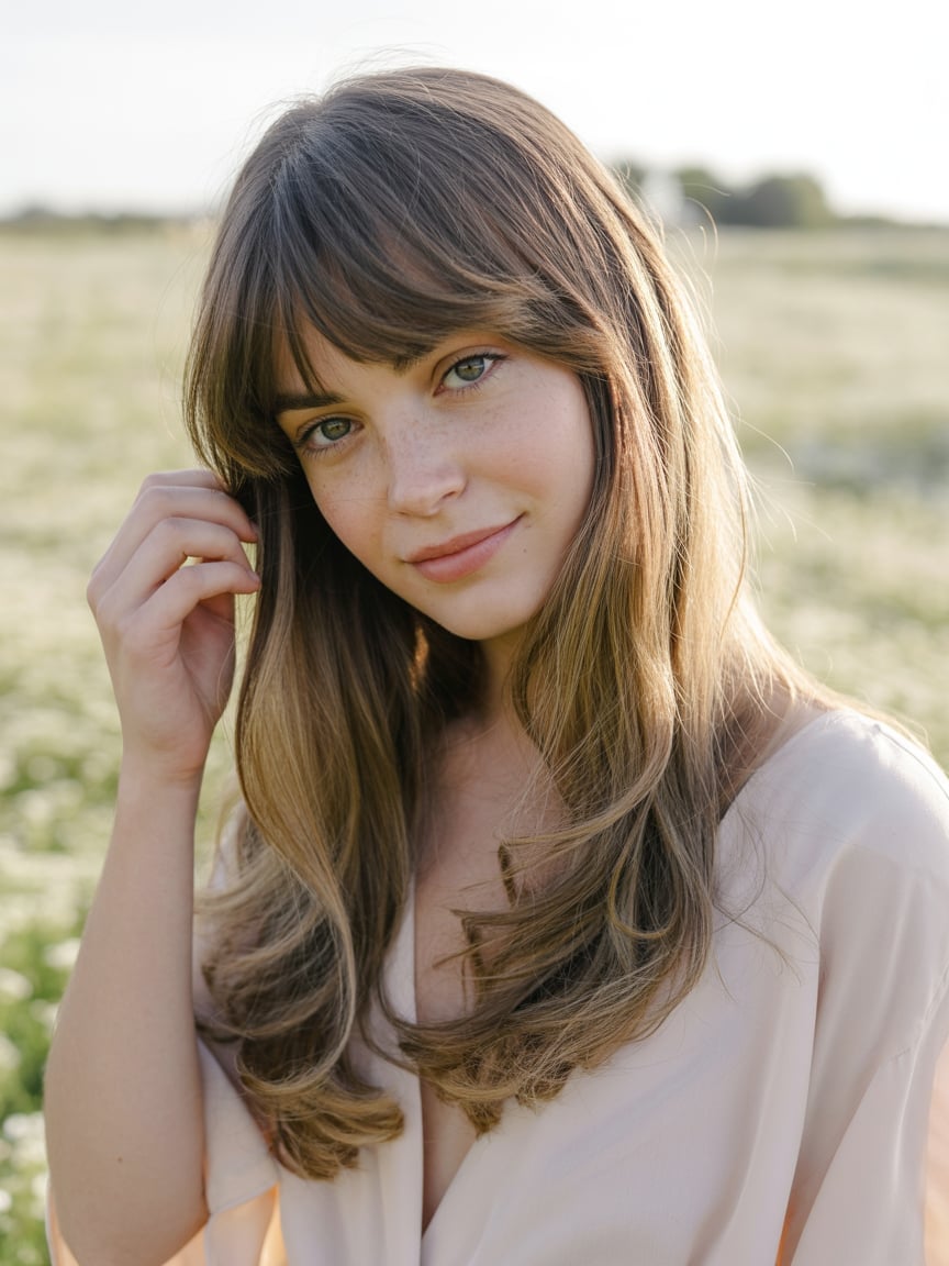 Mid-Back Layers With Fine Wavy Curtain Bangs Mid-Back Layers With Fine Wavy Curtain Bangs — Classy Cut Bangs