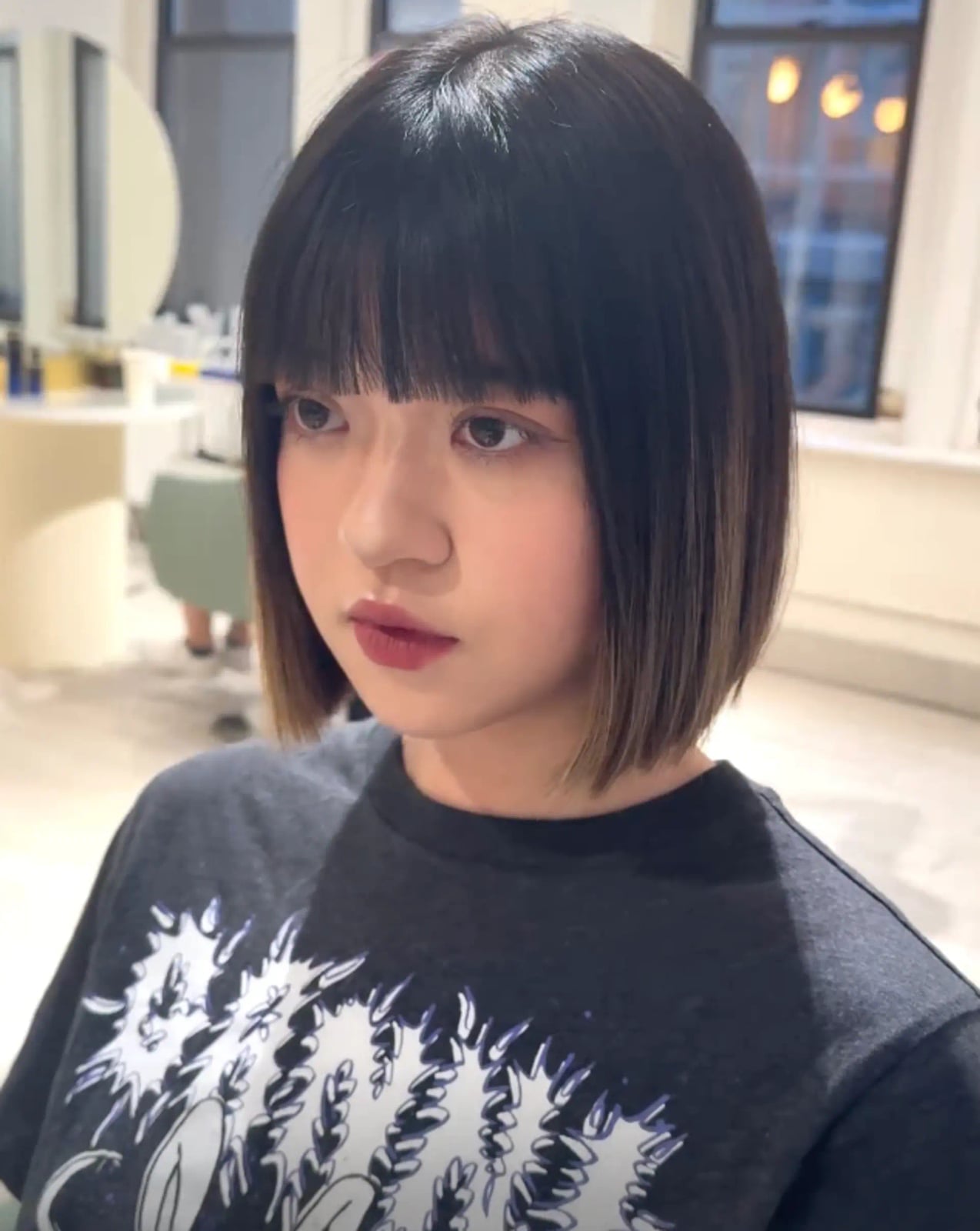 Sharp Chin Length Bob With Blunt Bangs Ombre Sharp Chin Length Bob With Blunt Bangs Ombre — Classy Cut Bangs
