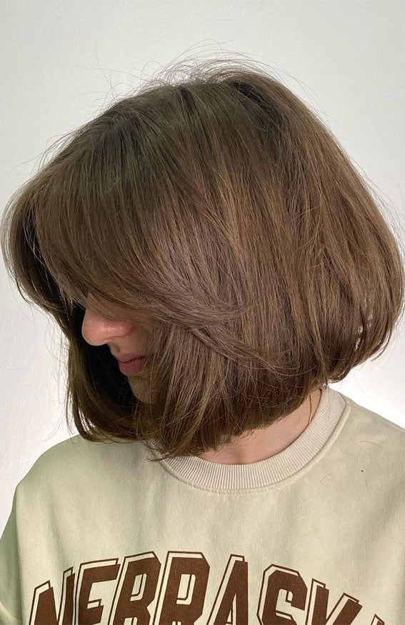 Medium Brown Bob Voluminous Curtain Bangs Medium Brown Bob Voluminous Curtain Bangs — Classy Cut Bob